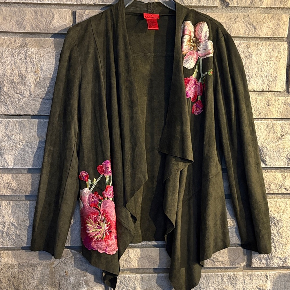 Christina Dark Green Cardigan with embroidered Floral Design